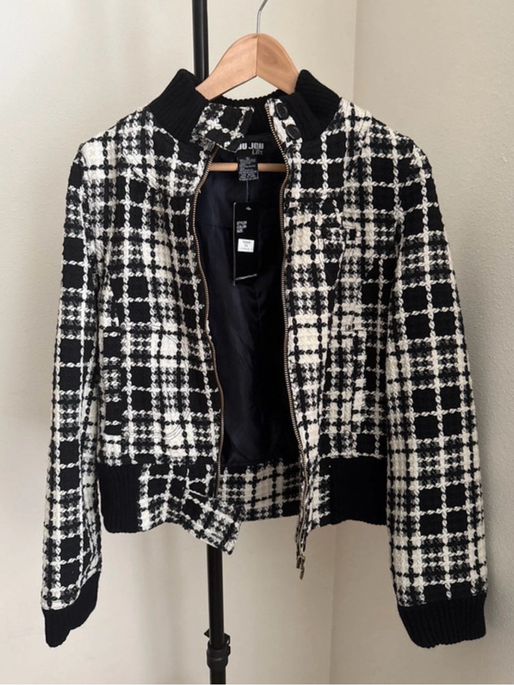 Black & White Plaid Bomber Jacket - Jou Jou
